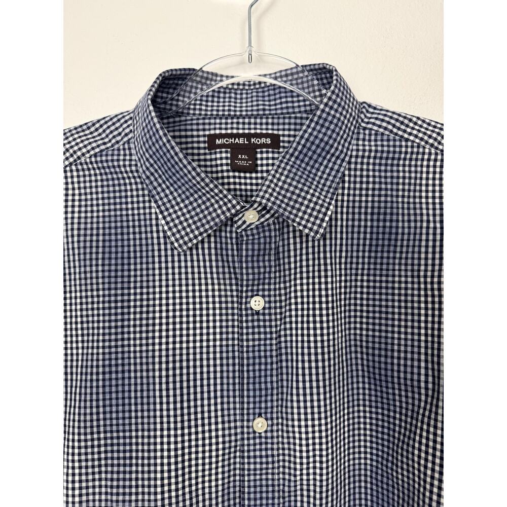 Michael Kors Shirt Mens 2XL Navy Blue White Check Long Sleeve Button Up Cotton